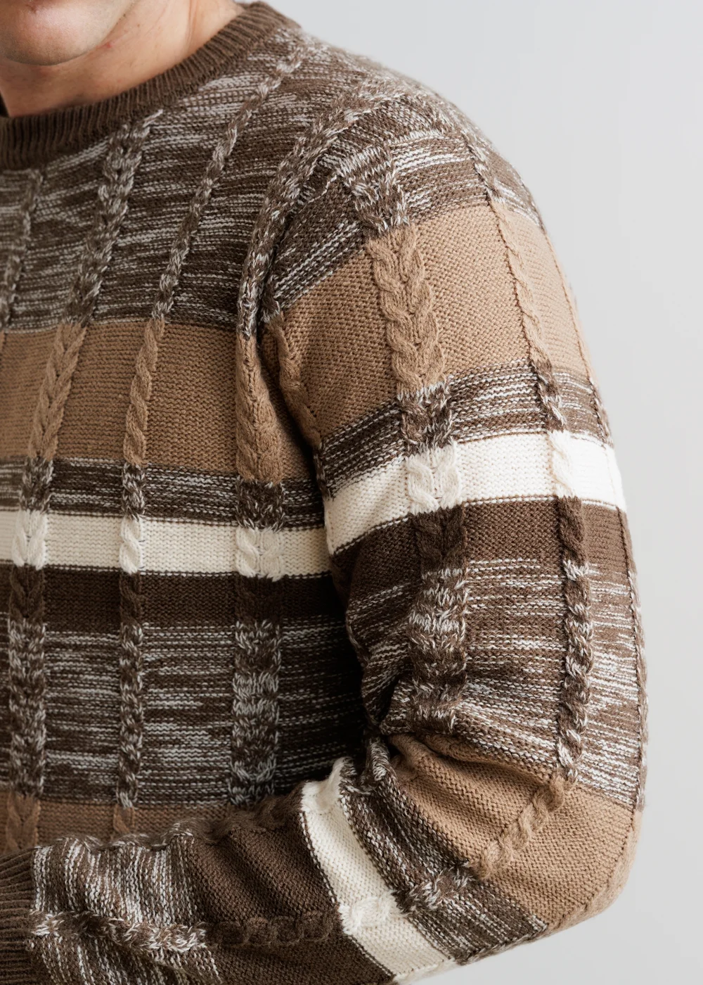 Influence Brown Stripe Crew Neck Knitted Long Sleeve Jumper - M Image 3