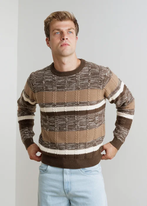 Influence Brown Stripe Crew Neck Knitted Long Sleeve Jumper - M Image 1