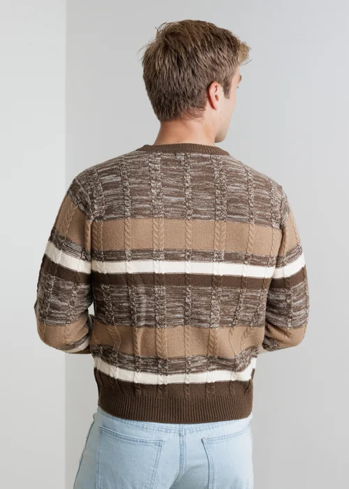Influence Brown Stripe Crew Neck Knitted Long Sleeve Jumper - M Image 2