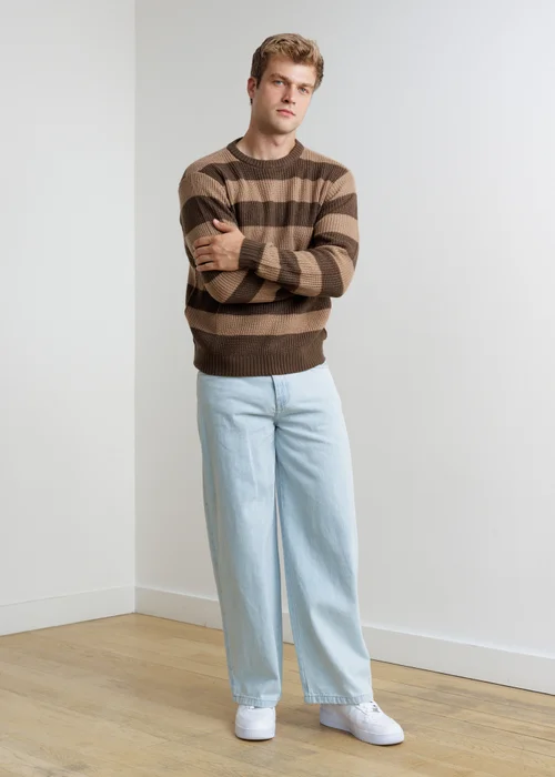 Influence Brown Crew Neck Chunky Stripe Long Sleeve Knit Jumper - M Image 4