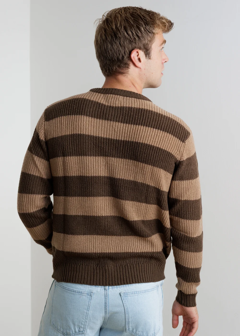 Influence Brown Crew Neck Chunky Stripe Long Sleeve Knit Jumper - M Image 2