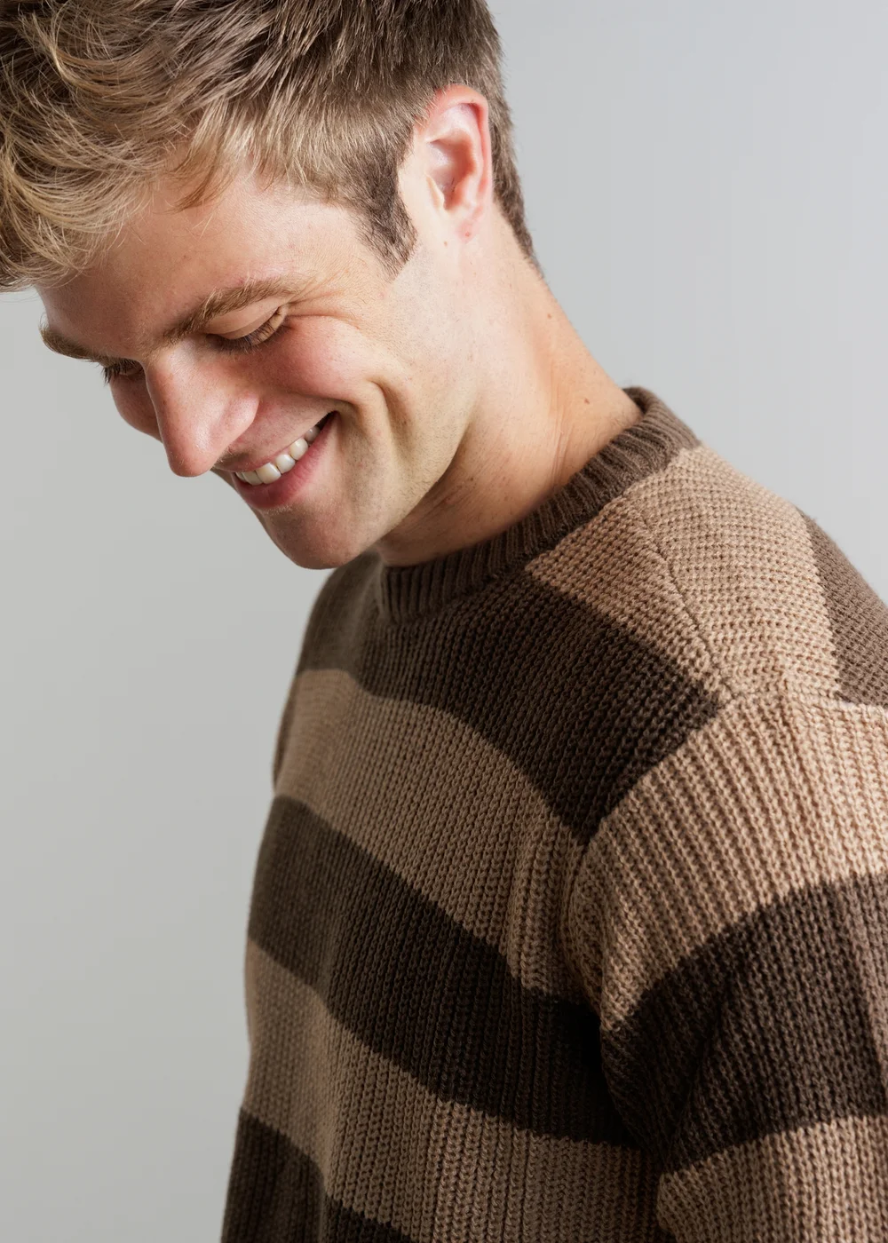 Influence Brown Crew Neck Chunky Stripe Long Sleeve Knit Jumper - M Image 5