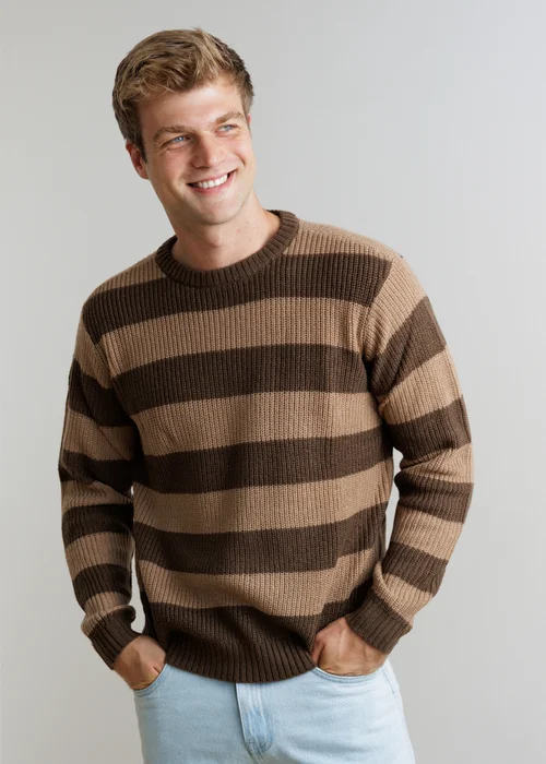 Influence Brown Crew Neck Chunky Stripe Long Sleeve Knit Jumper - M Image 1