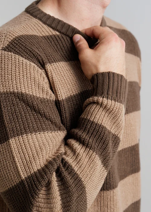 Influence Brown Crew Neck Chunky Stripe Long Sleeve Knit Jumper - M Image 3