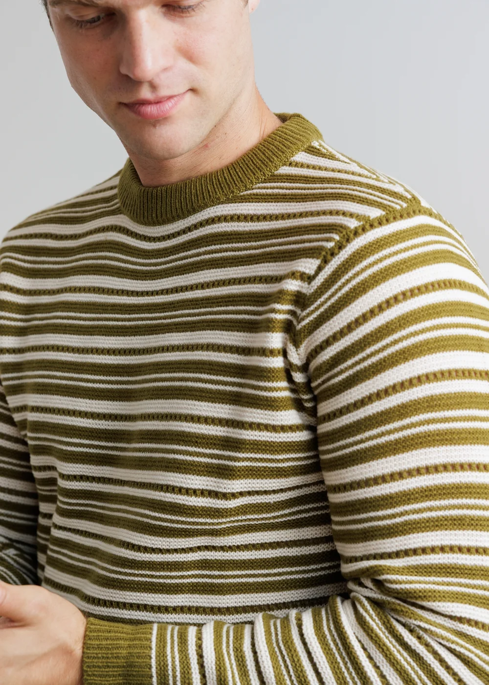 Influence Khaki Crew Neck Striped Long Sleeve Knit Jumper - S Image 3