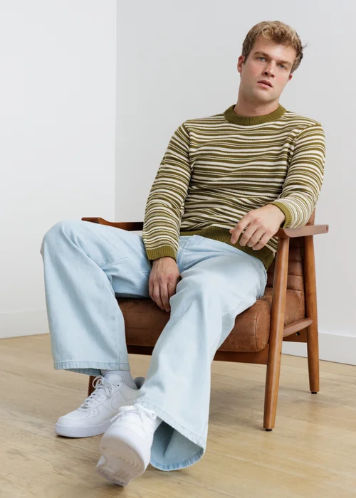 Influence Khaki Crew Neck Striped Long Sleeve Knit Jumper - S Image 1