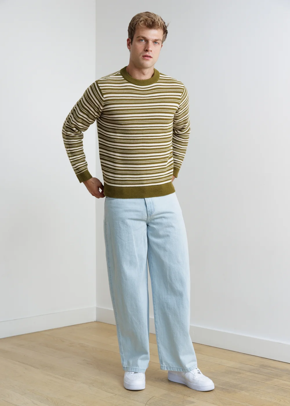 Influence Khaki Crew Neck Striped Long Sleeve Knit Jumper - S Image 4