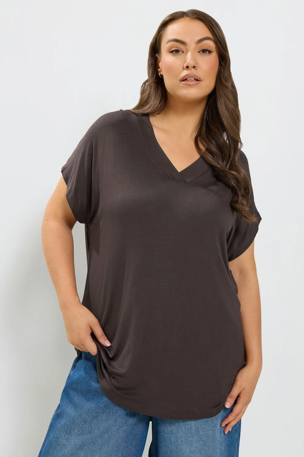 Yours Curve Chocolate Brown Grown On Sleeve Top - 18 Image 1