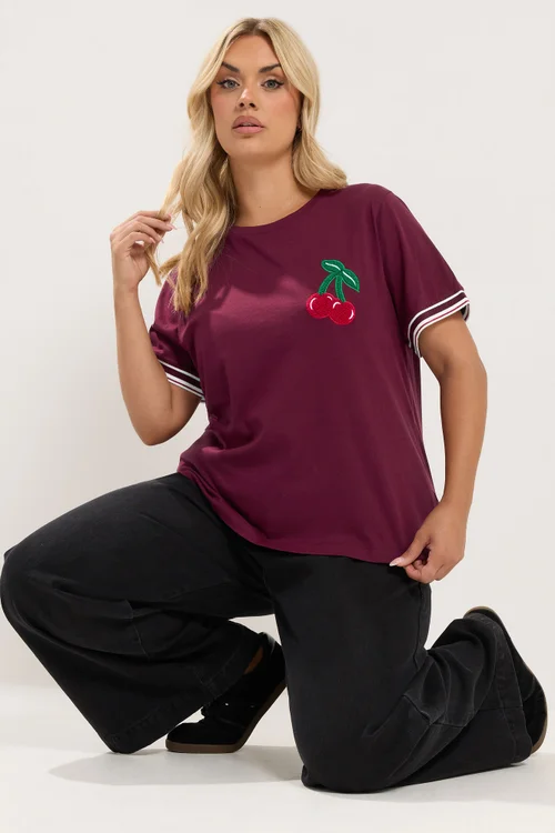 Yours Curve Red Varsity Boucle Cherry Cotton T-Shirt - 30-32 Image 1