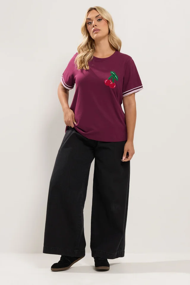 Yours Curve Red Varsity Boucle Cherry Cotton T-Shirt