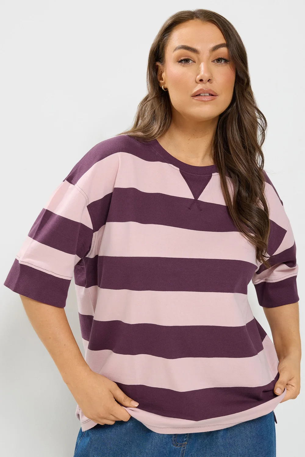Yours Curve Purple Stripe Heavyweight T-Shirt - 22-24 Image 1