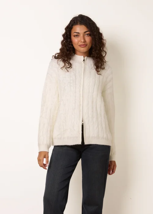 Blue Vanilla Cream Textured Zip Through Knit Cardigan - S/M Image 3