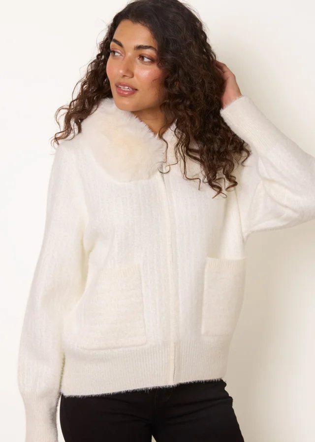 Blue Vanilla Ivory Ribbed Cardigan With Faux Fur Collar