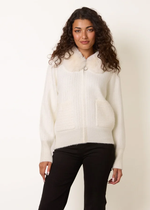 Blue Vanilla Ivory Ribbed Cardigan With Faux Fur Collar