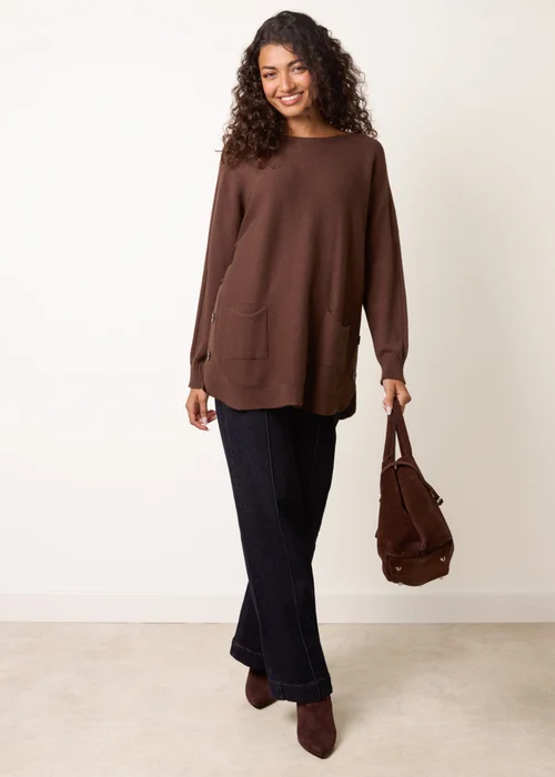 Blue Vanilla Brown Pocket Slash Neck Jumper - S/M Image 2