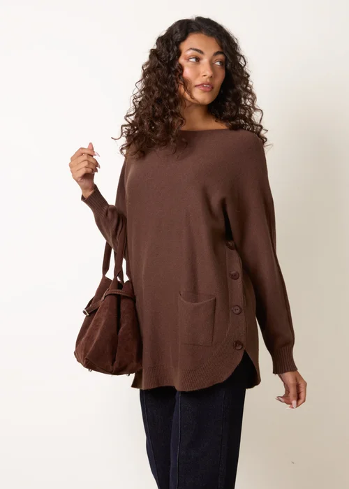 Blue Vanilla Brown Pocket Slash Neck Jumper - S/M Image 1