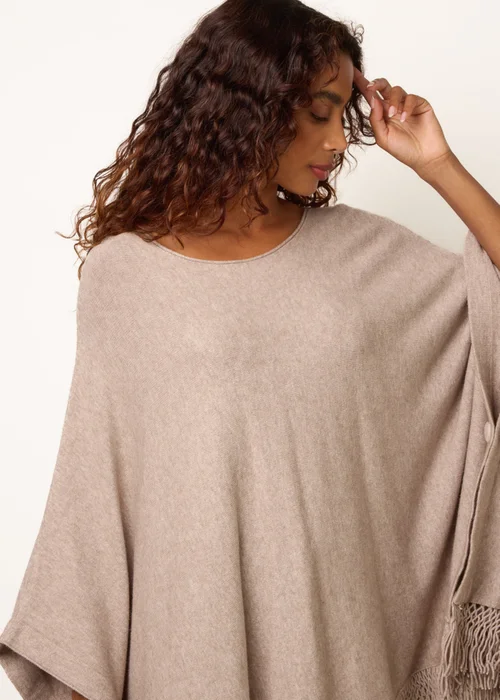 Blue Vanilla Beige Fringe Hem Button Side Cape - One Size Image 3
