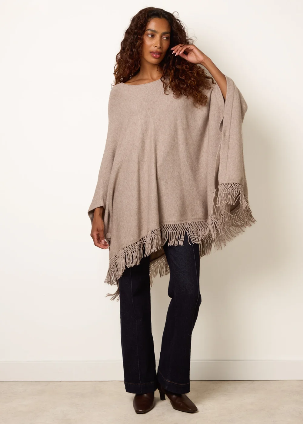 Blue Vanilla Beige Fringe Hem Button Side Cape - One Size Image 1
