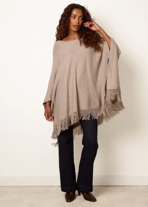 Blue Vanilla Beige Fringe Hem Button Side Cape - One Size Image 1