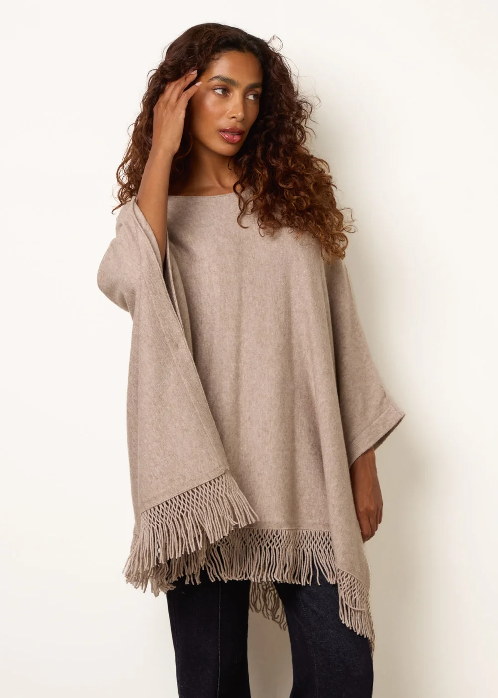 Blue Vanilla Beige Fringe Hem Button Side Cape - One Size Image 2