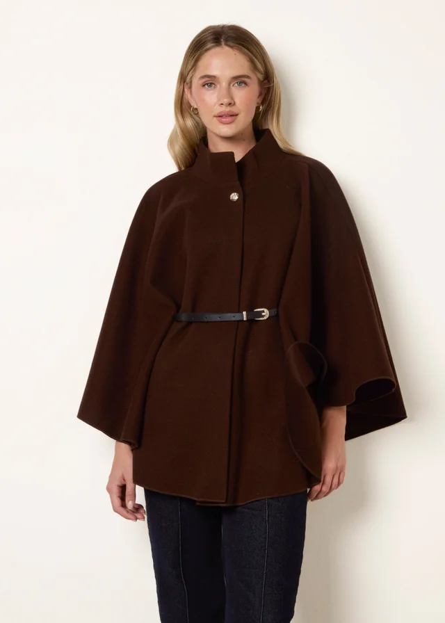 Blue Vanilla Brown Funnel Neck Tie Front Cape