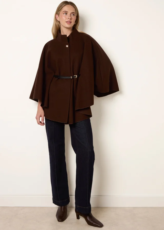 Blue Vanilla Brown Funnel Neck Tie Front Cape
