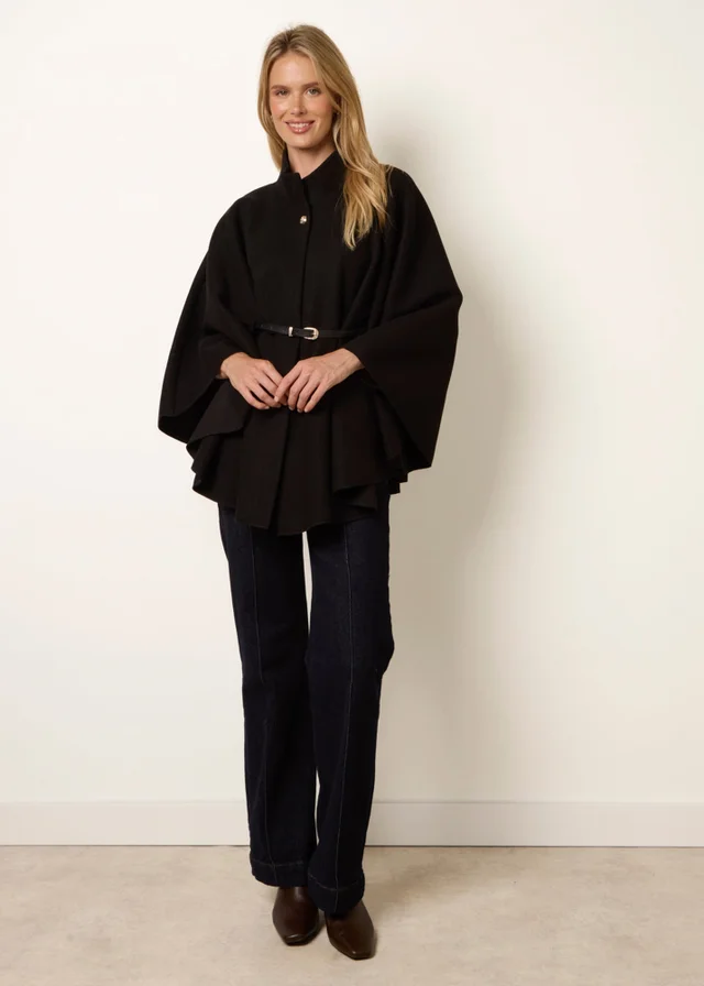 Blue Vanilla Black Funnel Neck Tie Front Cape