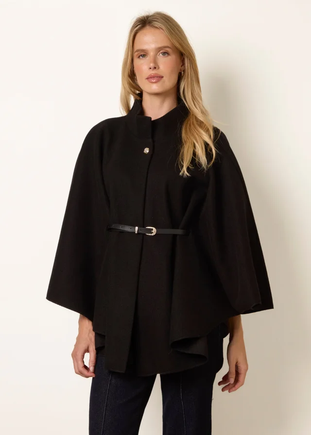 Blue Vanilla Black Funnel Neck Tie Front Cape