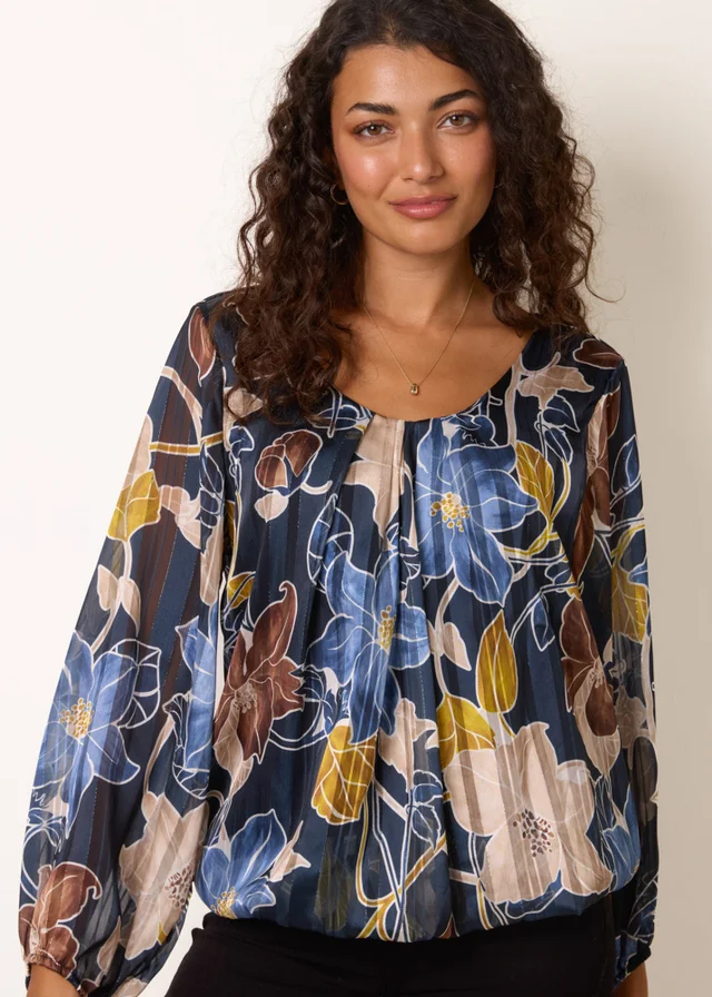 Blue Vanilla Navy Long Sleeve Metallic Round Neck Blouse