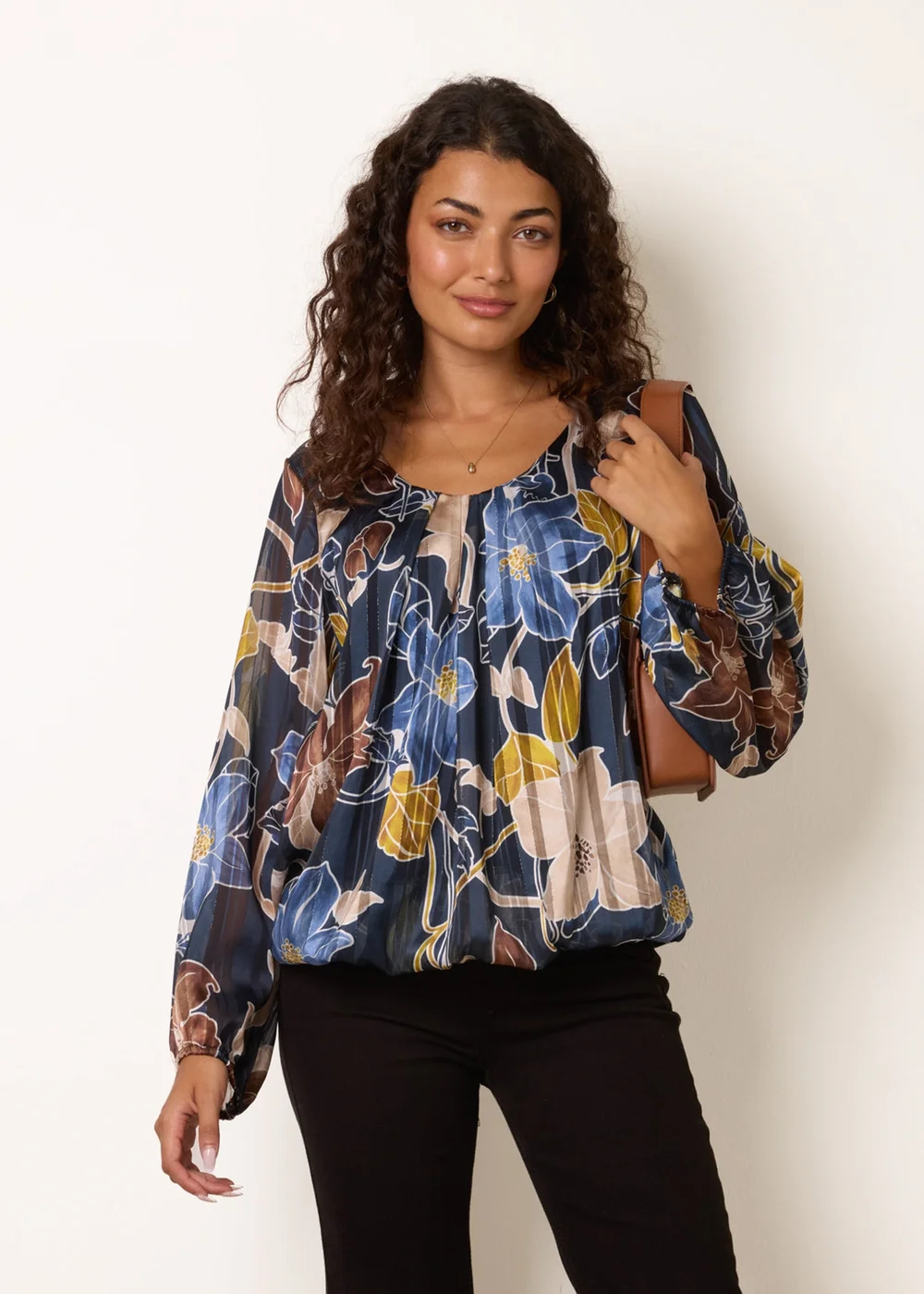 Blue Vanilla Navy Long Sleeve Metallic Round Neck Blouse - M/L Image 2