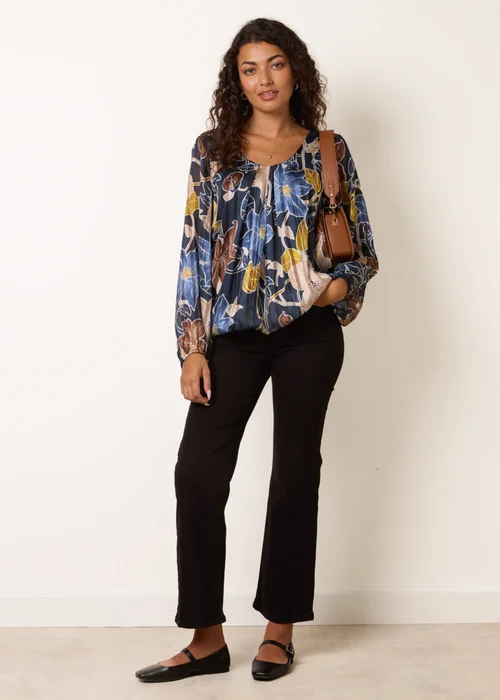 Blue Vanilla Navy Long Sleeve Metallic Round Neck Blouse - M/L Image 3