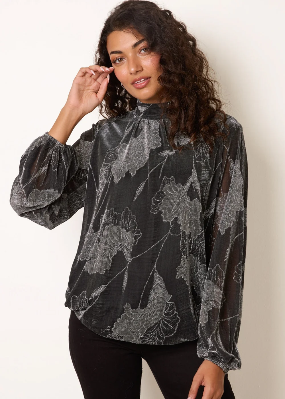 Blue Vanilla Silver Metallic Floral High Neck Puff Ball Blouse - L Image 1