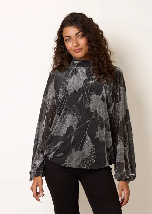 Blue Vanilla Silver Metallic Floral High Neck Puff Ball Blouse - L Image 3
