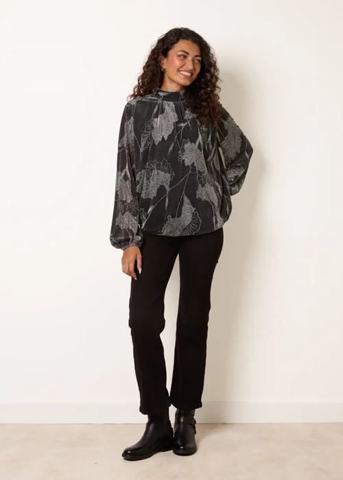Blue Vanilla Silver Metallic Floral High Neck Puff Ball Blouse - L Image 2