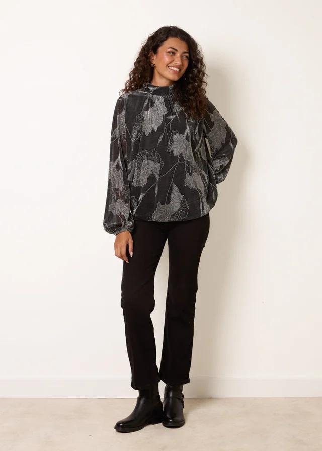 Blue Vanilla Silver Metallic Floral High Neck Puff Ball Blouse