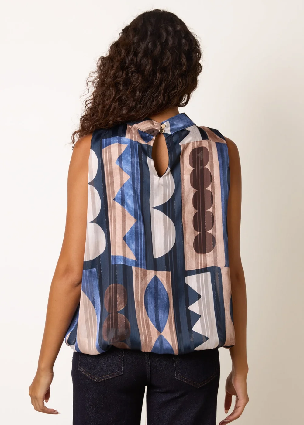 Blue Vanilla Navy High Neck Sleeveless Geometric Blouse - M/L Image 4