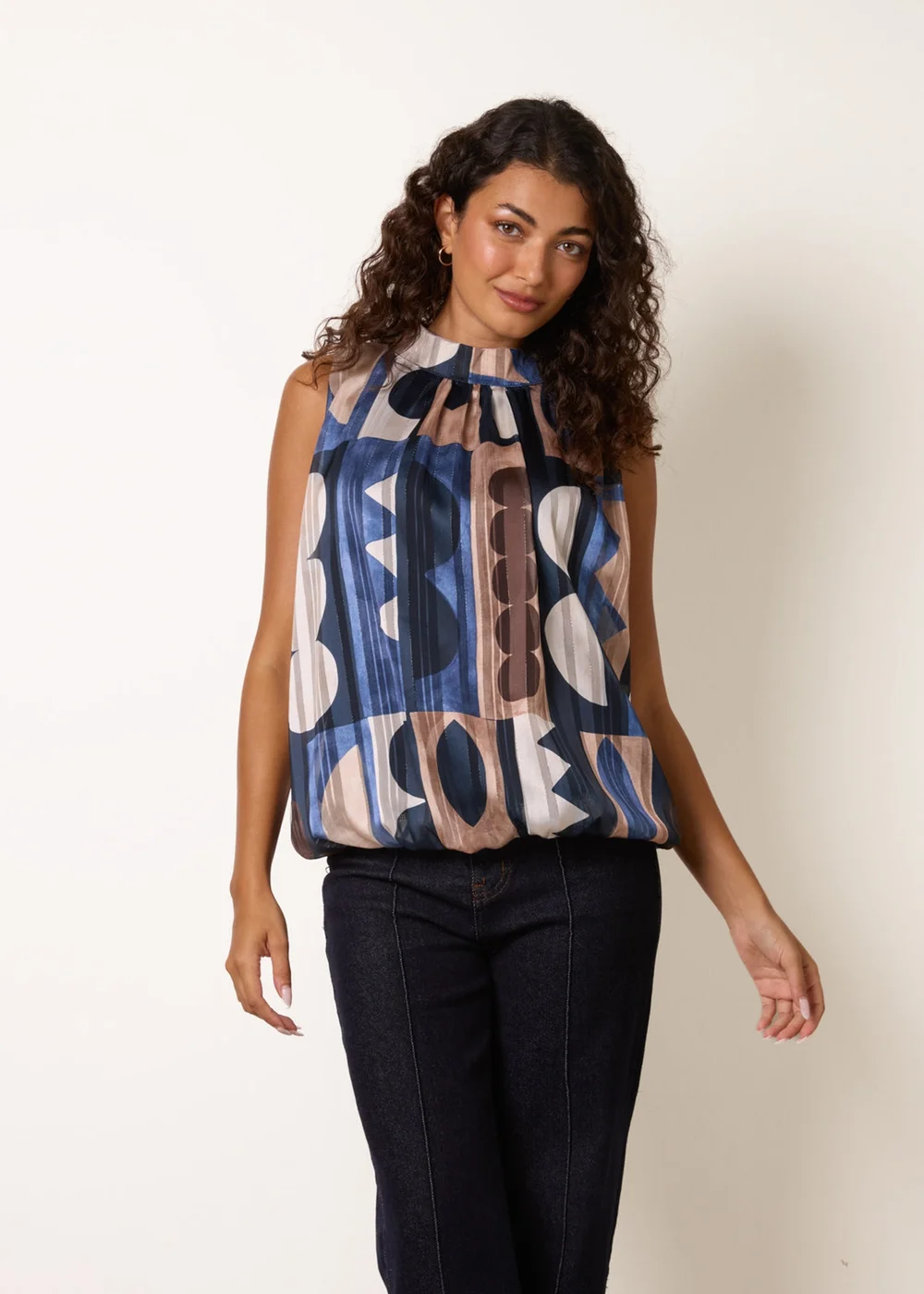 Blue Vanilla Navy High Neck Sleeveless Geometric Blouse - M/L Image 1