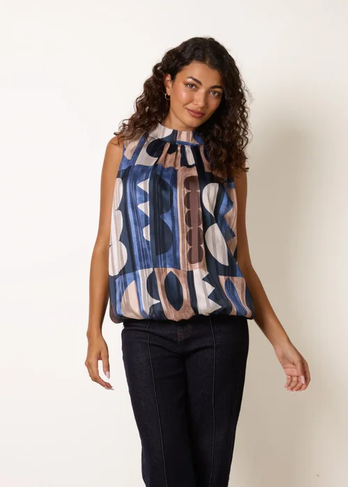 Blue Vanilla Navy High Neck Sleeveless Geometric Blouse - M/L Image 1