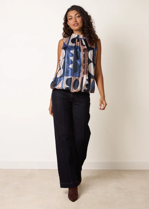 Blue Vanilla Navy High Neck Sleeveless Geometric Blouse - M/L Image 3