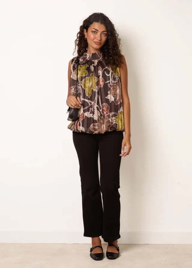 Blue Vanilla Brown High Neck Metallic Sleeveless Blouse