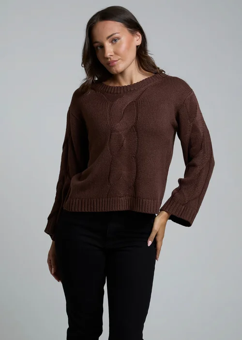 Influence Chocolate Cable Knit Crew Neck Long Sleeve Knitted Jumper - 10 Image 1