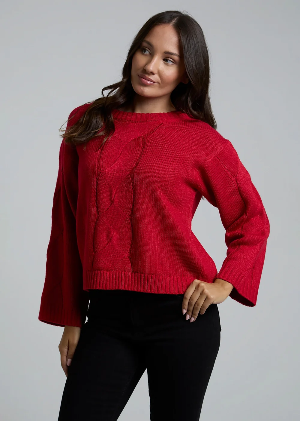 Influence Red Cable Knit Crew Neck Long Sleeve Knitted Jumper - 14 Image 1