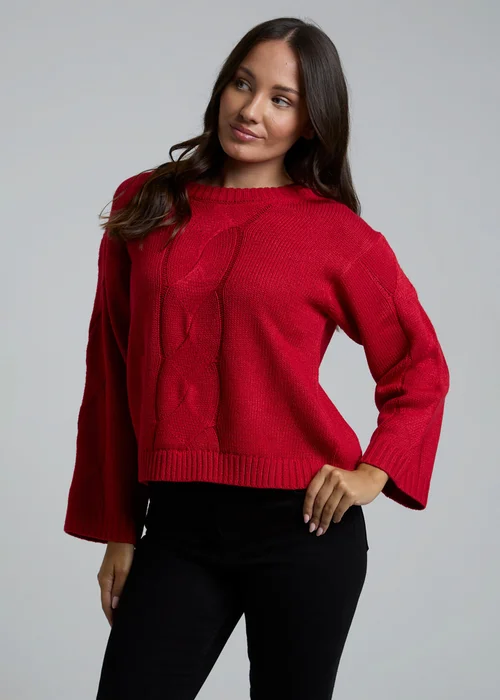 Influence Red Cable Knit Crew Neck Long Sleeve Knitted Jumper - 14 Image 1