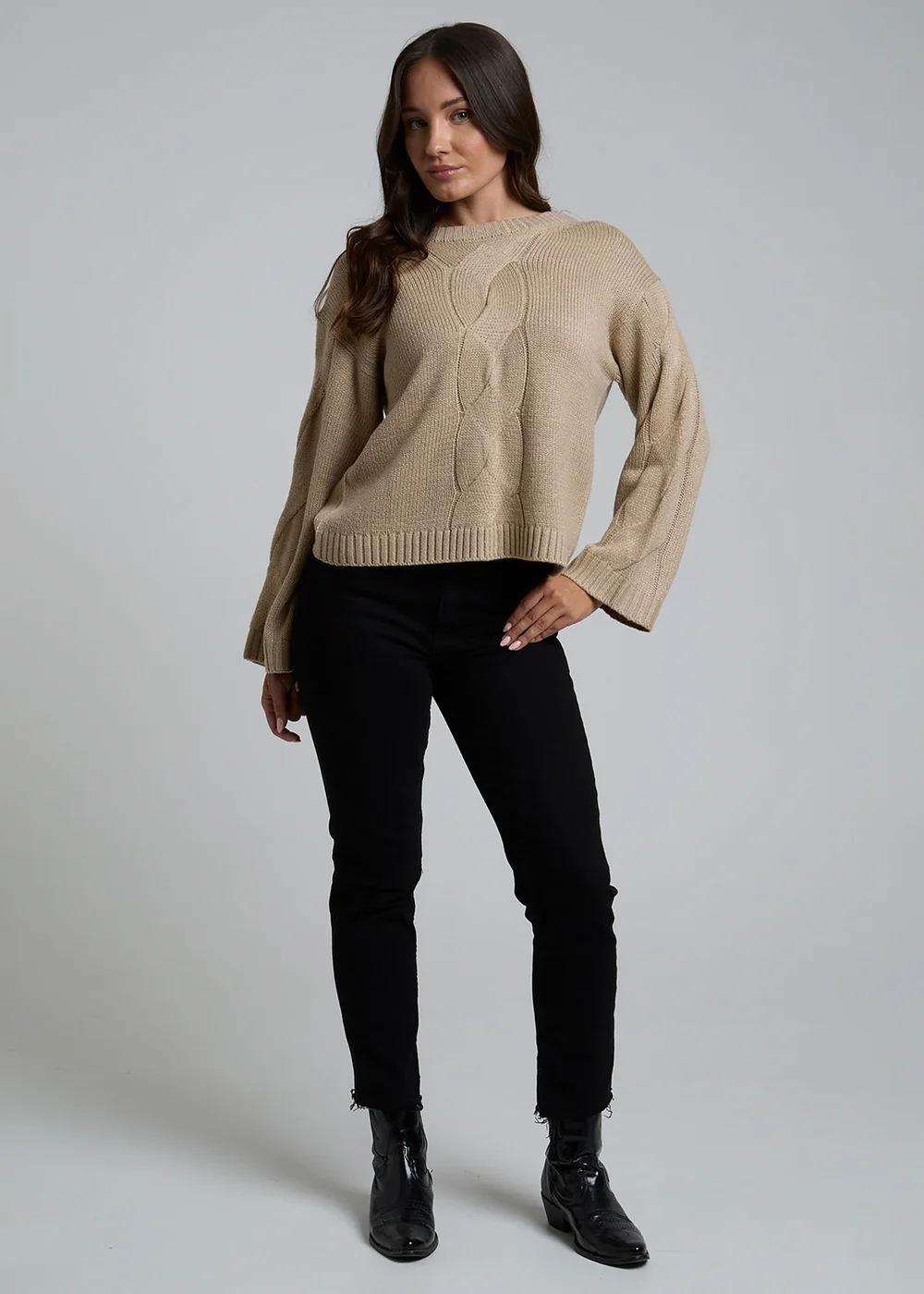 Influence Beige Cable Knit Crew Neck Long Sleeve Knitted Jumper - 14 Image 4