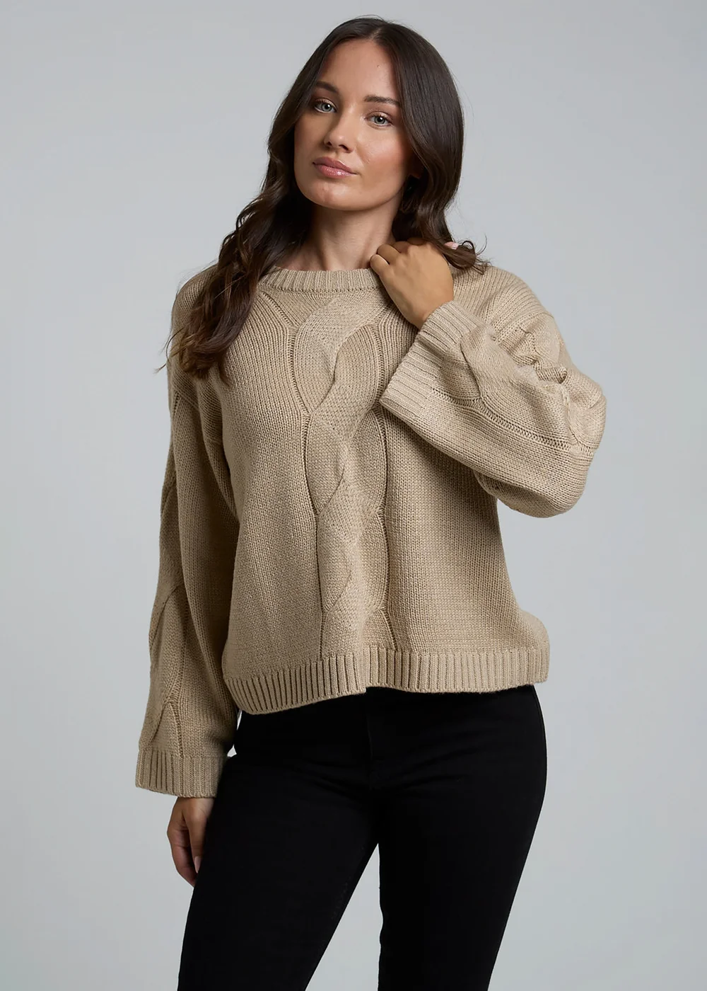 Influence Beige Cable Knit Crew Neck Long Sleeve Knitted Jumper - 14 Image 5