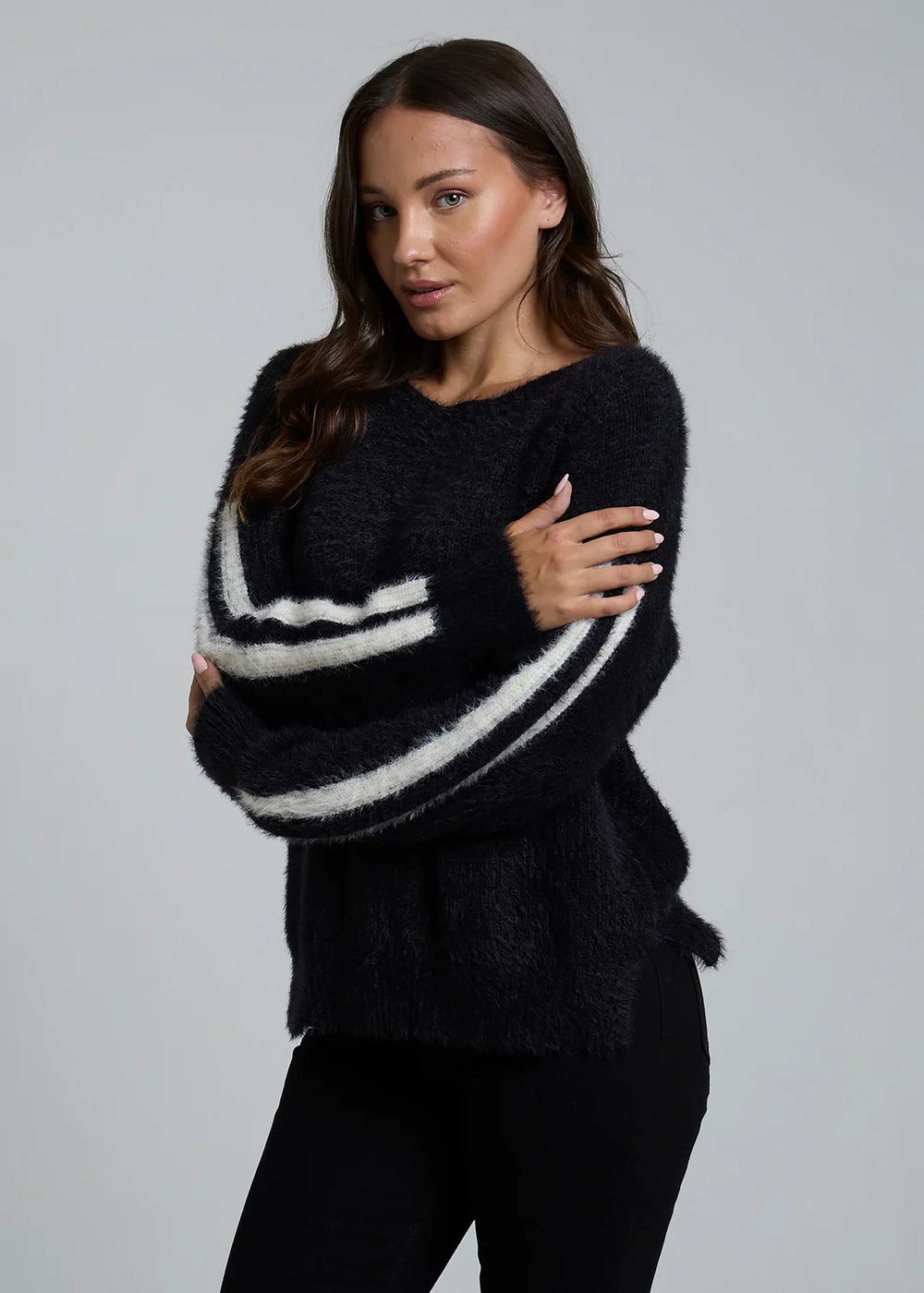 Influence Black Crew Neck Long Sleeve Stripe Knitted Jumper - 10 Image 1