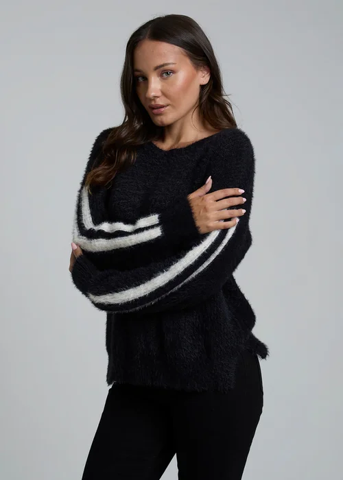 Influence Black Crew Neck Long Sleeve Stripe Knitted Jumper - 10 Image 1