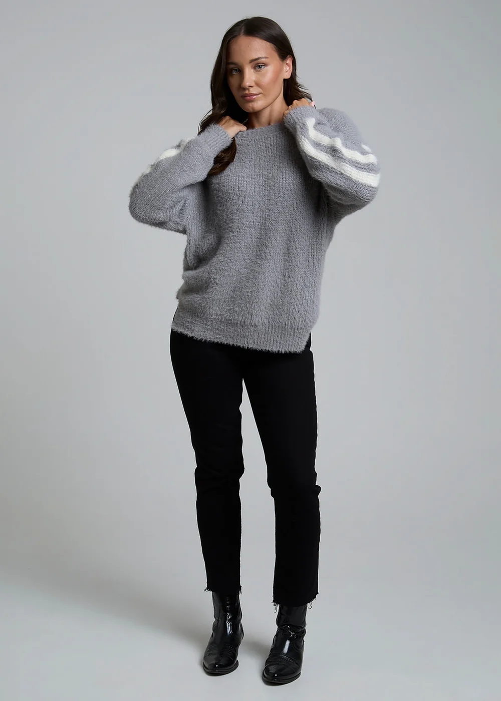 Influence Grey Crew Neck Long Sleeve Stripe Knitted Jumper - 12 Image 4