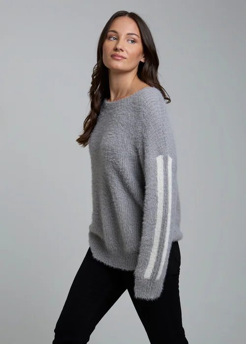 Influence Grey Crew Neck Long Sleeve Stripe Knitted Jumper - 12 Image 5