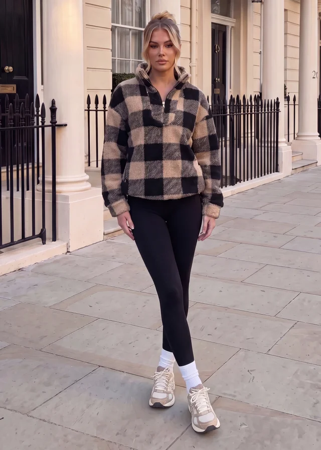 AX Paris Black and Camel Check Teddy 1/4 Zip Sweatshirt